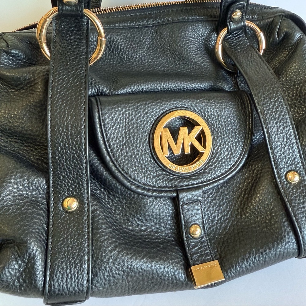 Michael Kors Fulton Black Pebbled Leather Large Satchel Shoulder Bag Gold HW - Picture 3 of 11